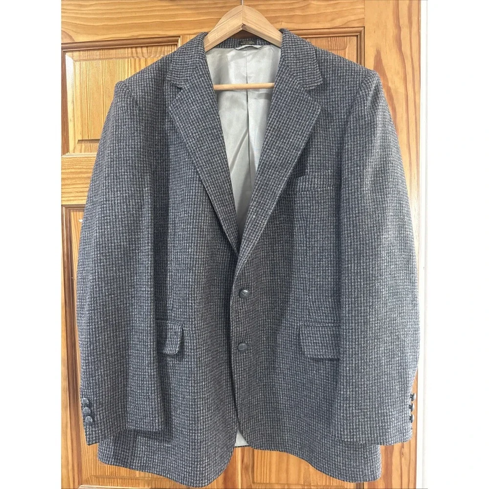 VTG Tweed Jacket Blue Grey Windowpane Plaid Check 100% Wool Blazer SportCoat 44R